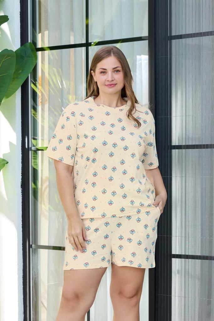 Aydoğan Kadın Dondurma Desenli Büyük Beden %100 Pamuk Şort Pijama Takımı