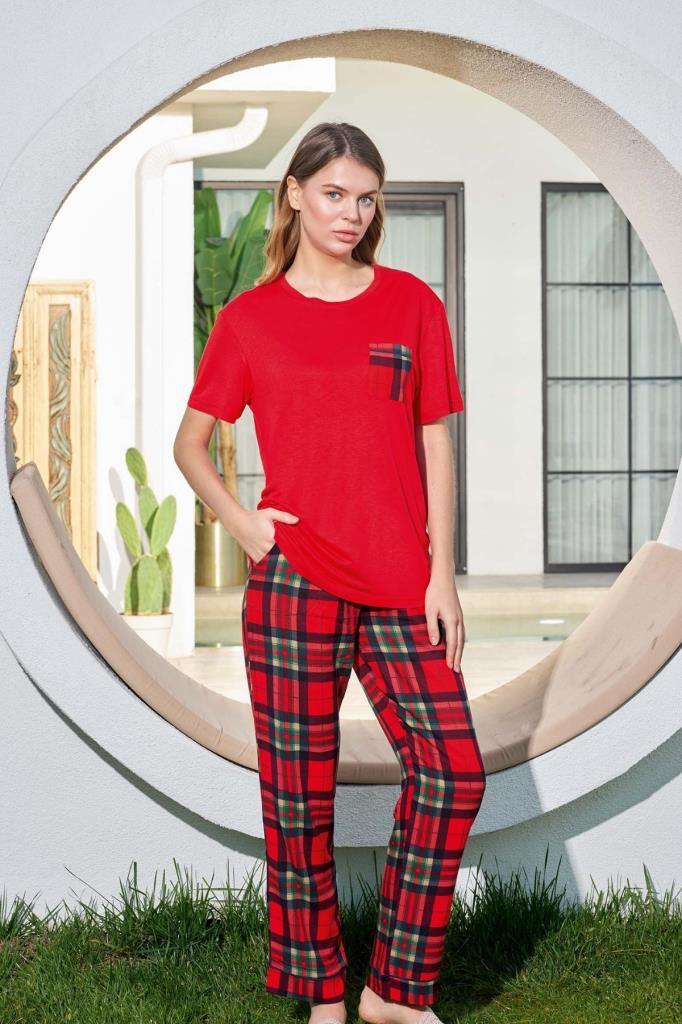 Aydoğan Kadın Kırmızı Desenli Viskon Kumaş Pijama Takımı
