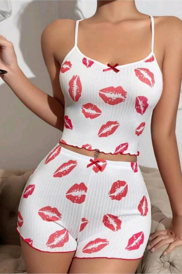 Beyaz İnce Askılı Dudak Desenli Pijama Takımı