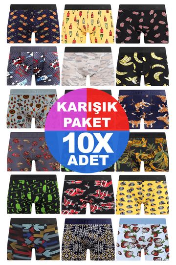 Erkek 10 Adet Rastgele Sürpriz Desenli Boxer - Özel Gizemli Paketinde Sürpriz Boxer