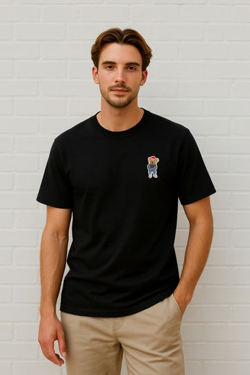 Erkek Oversize Bisiklet Yaka Tişört %100 Pamuk Rahat Kalıp Tedy Ayıcık Detaylı - Günlük Basic Tshirt