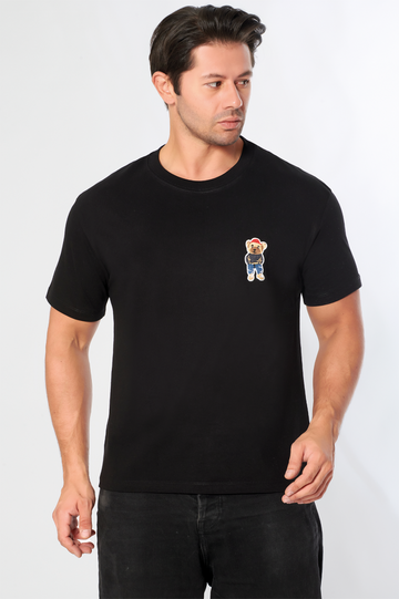 Erkek Oversize Bisiklet Yaka Tişört %100 Pamuk Rahat Kalıp Tedy Ayıcık Detaylı - Günlük Basic Tshirt