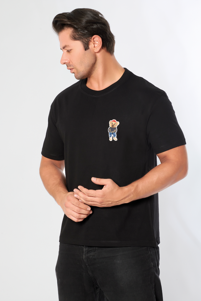 Erkek Oversize Bisiklet Yaka Tişört %100 Pamuk Rahat Kalıp Tedy Ayıcık Detaylı - Günlük Basic Tshirt