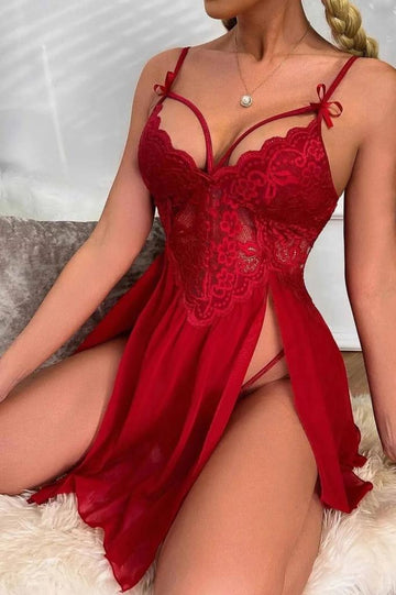 Kadın Bordo Özel Fantezi Gecelik Seksi Şık Tasarım Transparan Dantel Detaylı Gecelik