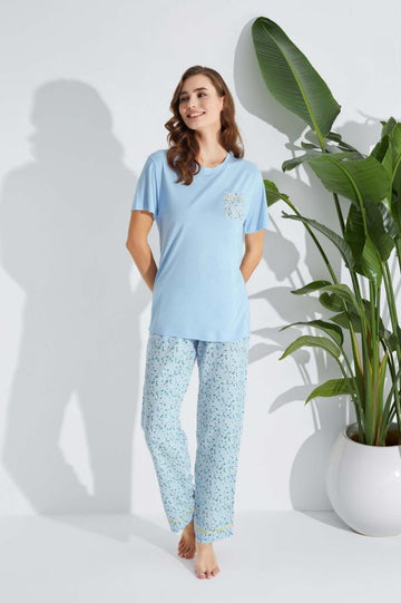 Kadın Mavi Desenli Viskon Kumaş Pijama Takımı