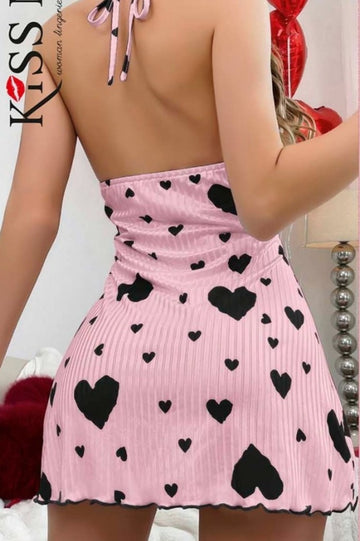 Kadın Pembe, Siyah Kalp Ddesenli Gecelik