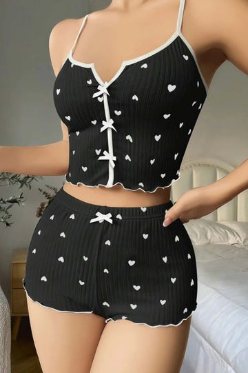 Kadın Pijama Takımı Şortlu Gecelik Sabahlık Siyah Kalp Detaylı Takım