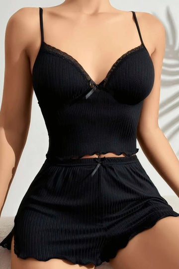 Kadın Şortlu Siyah Gecelik Takım,Seksi Kadın Gecelik