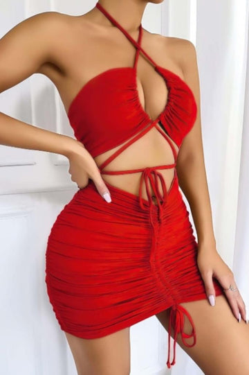 Kırmızı Bodycon Mini Dekolteli Elbise