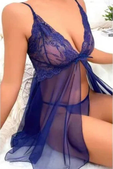 Mavi Kadın Fantezi Gecelik Seksi Şık Kıyafet Transparan Tül Dantel Detaylı Özel Gecelik