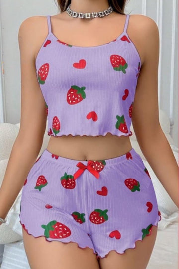 Mor Çilek Desenli Şortlu Pijama Takımı