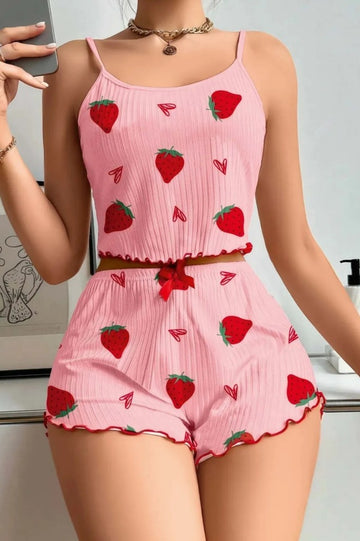 Pembe Çilek Desenli Şortlu Pijama Takımı