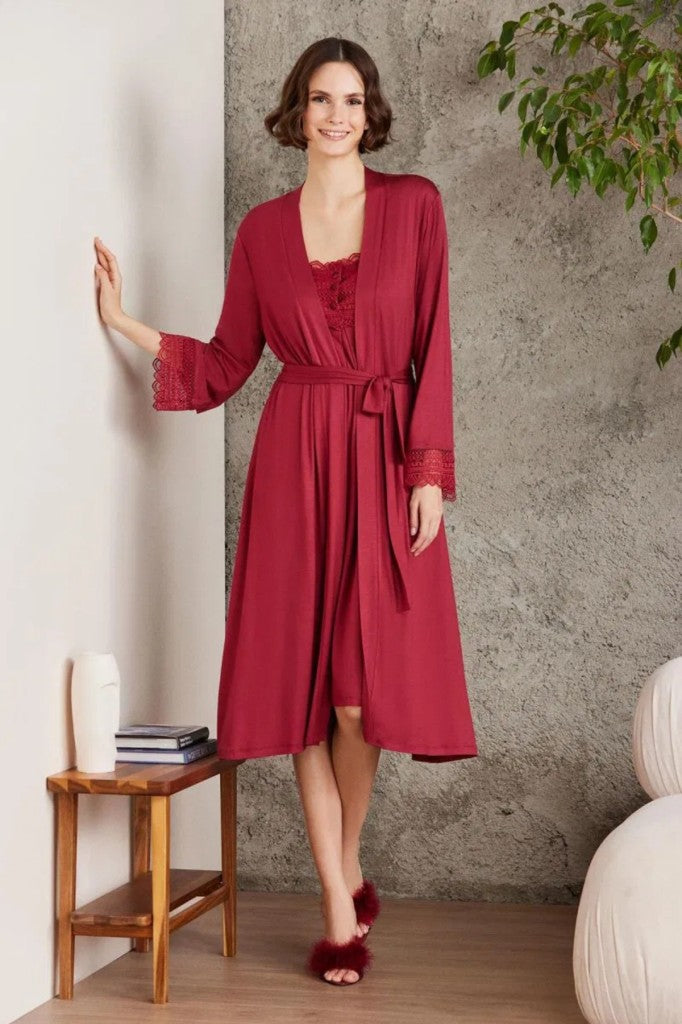 Penye Dantelli Kadın Gecelik ve Sabahlık Takım