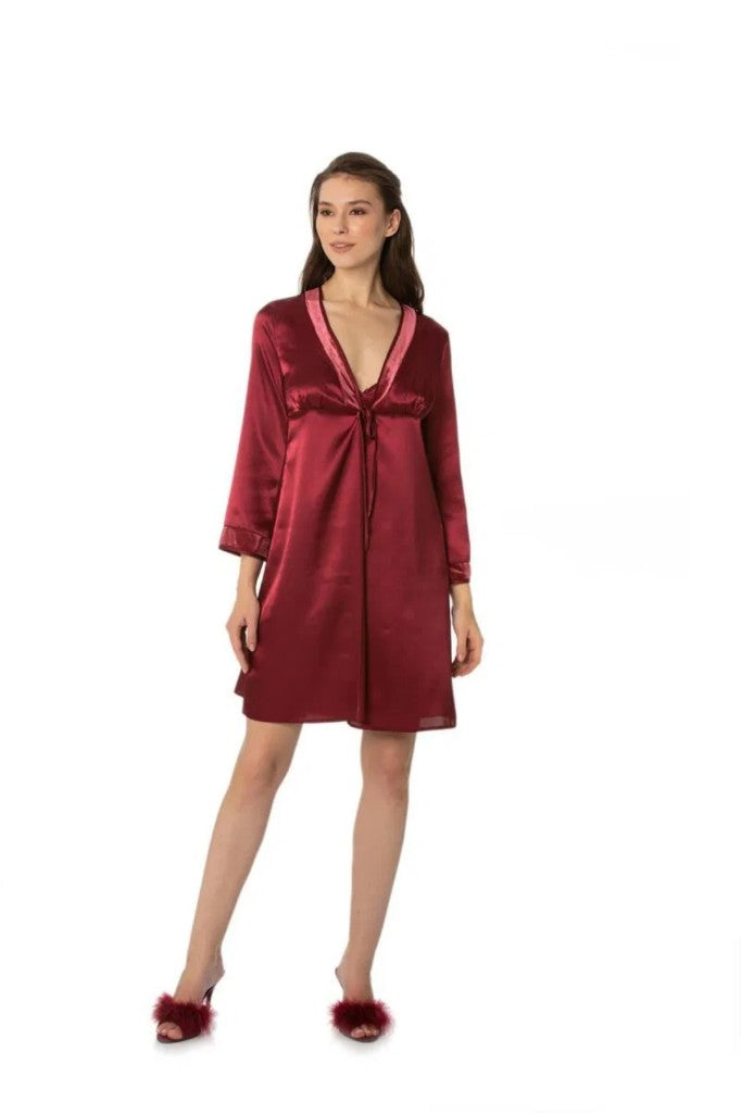 Saten Dantelli Kadın Gecelik ve Sabahlık Takımı