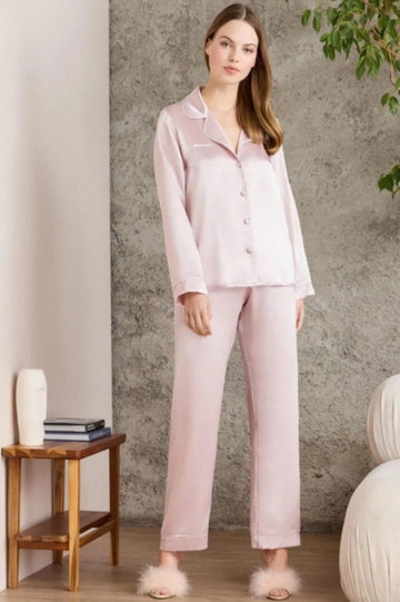Saten Kadın Pudra Rengi Pijama Takımı