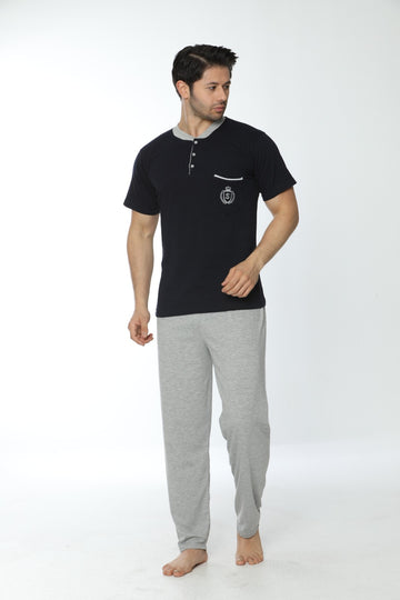 Erkek Ön Cepli Düğmeli Yaka 100% Pamuk Kısa Kollu Siyah Pijama Takımı