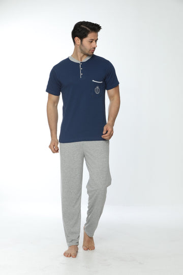 Erkek Ön Cepli Düğmeli Yaka 100% Pamuk Kısa Kollu Lacivert Pijama Takımı