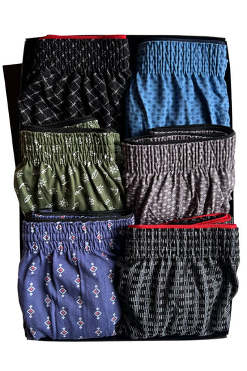Erkek 6'lı Karışık Desenli Düğmeli Rahat Boxer Şort - Özel Premium Kutusunda