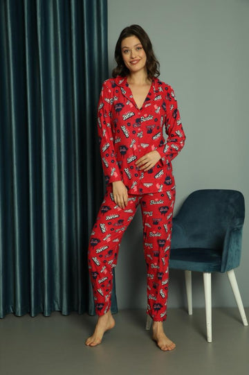 Kadın Barbie Desenli Düğmeli Kısa Kollu Pijama Takımı