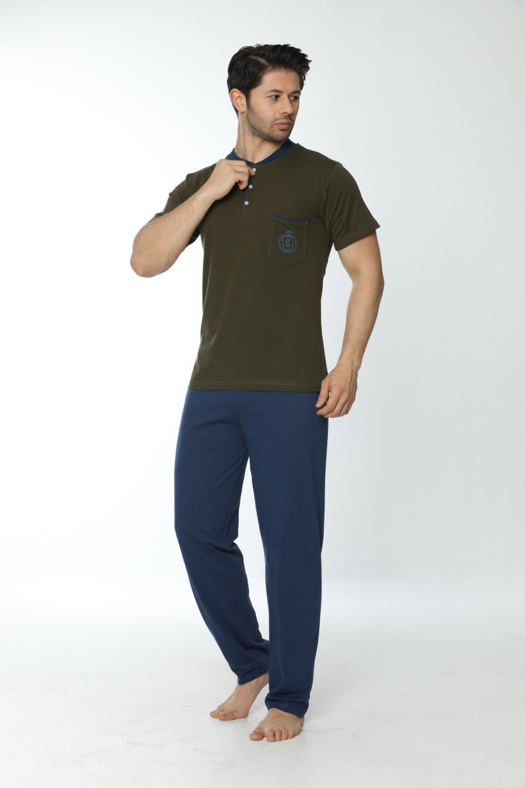 Erkek Ön Cepli Düğmeli Yaka 100% Pamuk Kısa Kollu Haki Pijama Takımı