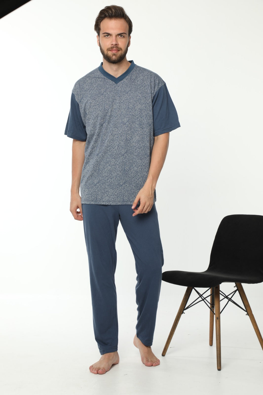 Erkek V Yaka Kısa Kollu İndigo Pijama Takımı
