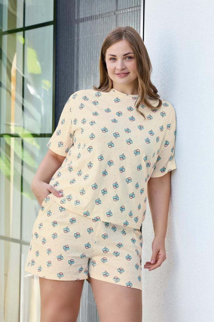 Aydoğan Kadın Dondurma Desenli Büyük Beden %100 Pamuk Şort Pijama Takımı