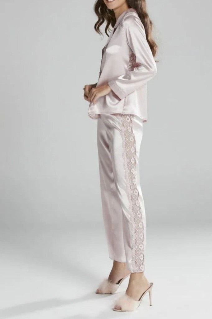 Dantel Detaylı Saten Pijama Takımı - Pudra