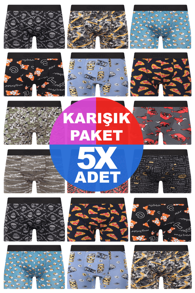 Erkek 5 Adet Rastgele Sürpriz Desenli Boxer - Özel Gizemli Paketinde Sürpriz Boxer
