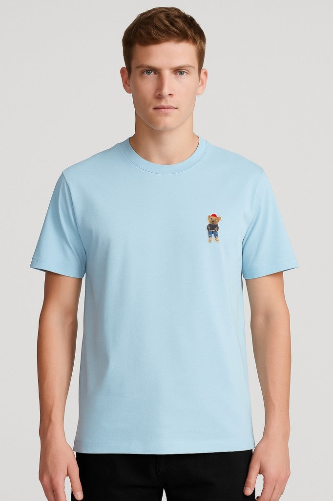 Erkek Oversize Bisiklet Yaka Tişört %100 Pamuk Rahat Kalıp Tedy Ayıcık Detaylı - Günlük Basic Tshirt