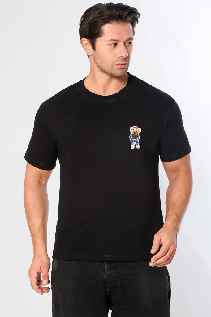 Erkek Oversize Bisiklet Yaka Tişört %100 Pamuk Rahat Kalıp Tedy Ayıcık Detaylı - Günlük Basic Tshirt