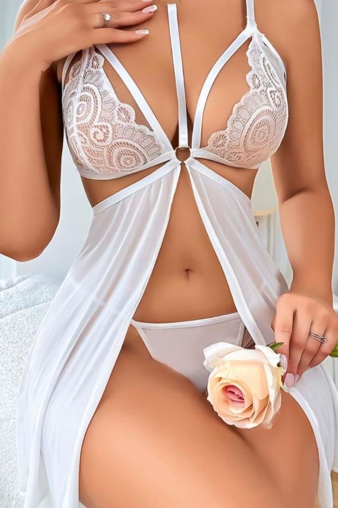 Kadın Beyaz Gelinlik Modeli Dantelli Transparan Seksi Gecelik