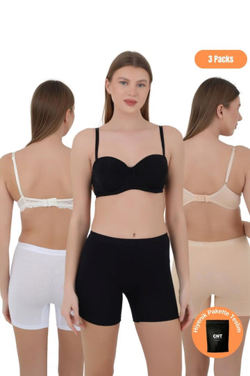 Kadın Boxer Külot - Lastikli Bel ve Yumuşak Kumaş 3'lü Özel Paket (Siyah, Beyaz, Ten Renk)