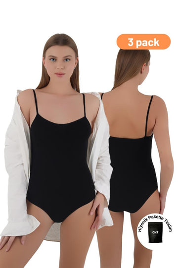 Kadın 3'lü İp Askılı Çıt Çıtlı Siyah Kancalı Body
