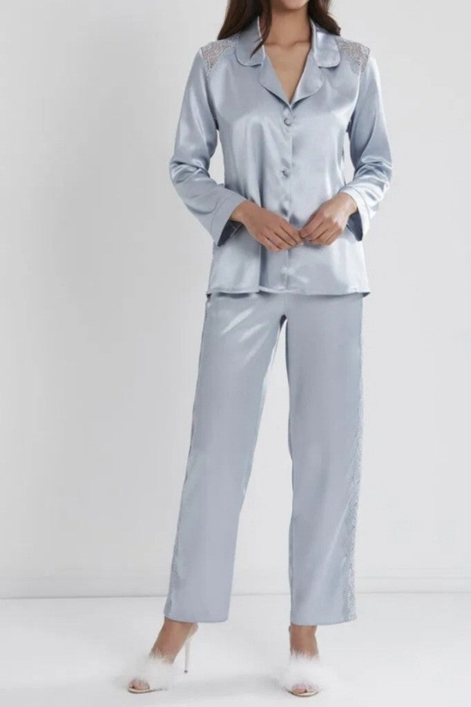 Kadın Mist Saten Dantel Detaylı Uzun Kollu Pijama Takımı