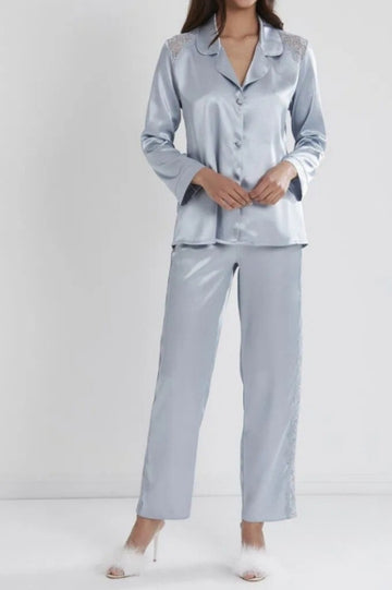Kadın Mist Saten Dantel Detaylı Uzun Kollu Pijama Takımı