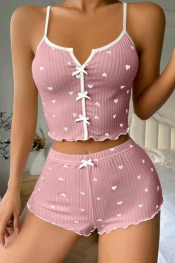 Kadın Pembe Kalpli Askılı Şortlu Pijama Takım