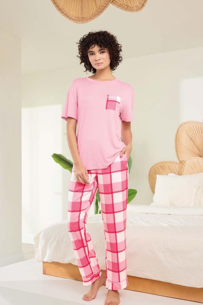 Kadın Pembe Viskon Kumaş İkili Pijama Takımı