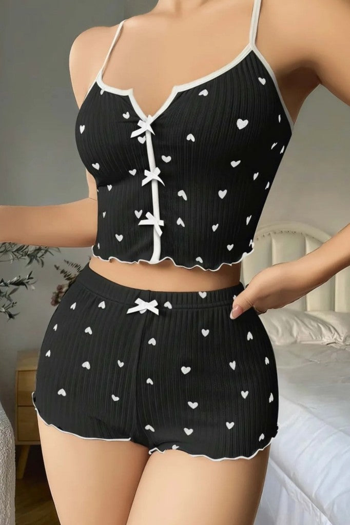 Kadın Pijama Takımı Şortlu Gecelik Sabahlık Siyah Kalp Detaylı Takım