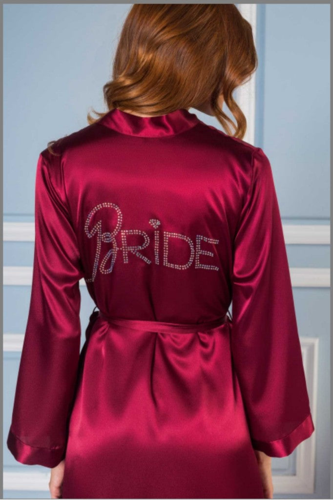 Kadın Saten Bride Sabahlık – Bordo ve Pudra Renk