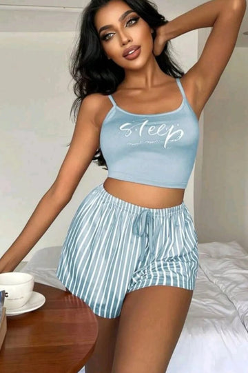 Kadın Şortlu Mavi Cizgi Detaylı Pijama Takımı