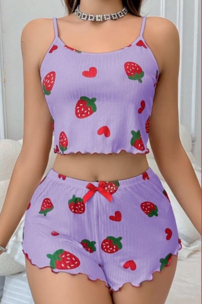 Mor Çilek Desenli Şortlu Pijama Takımı