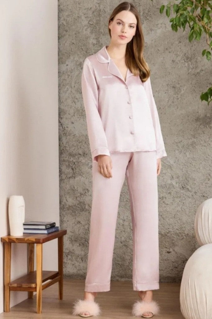 Saten Kadın Pudra Rengi Pijama Takımı
