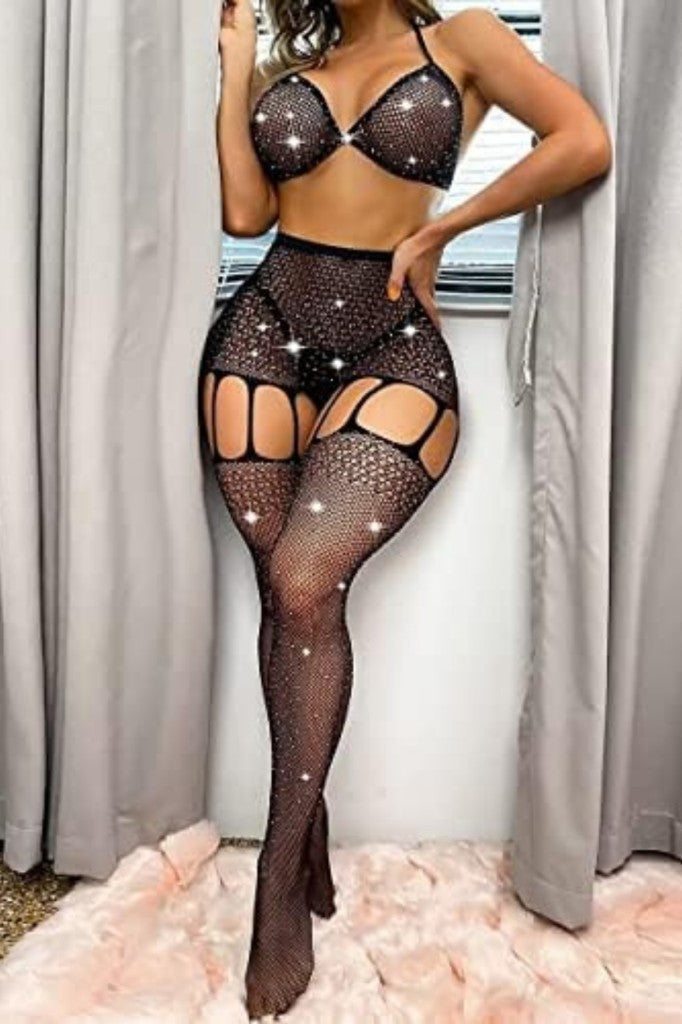 Taşlı Siyah Fantezi Sütyen Çorap Seksi Vücut Çorabı