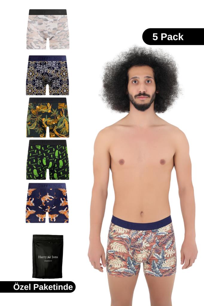 Erkek 5'li Desenli Renkli Pamuklu Premium  Paket Boxer