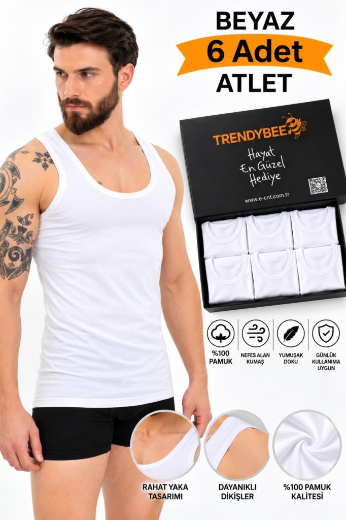 Erkek Atlet 6'lı Paket Premium Kutusunda – %100 Pamuklu, Rahat Yaka, Günlük Kullanım
