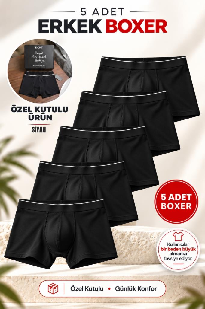 Erkek Slim Fit Boxer 5 Adet Paket Likralı Rahat Kesim Özel Kutulu